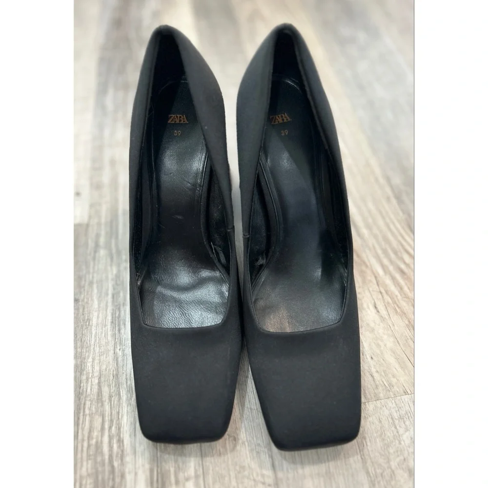 Zara Women’s Squared Toe Black Block Heel Pumps Shoes Size 39/8.5 Satin Classic - Picture 10 of 11